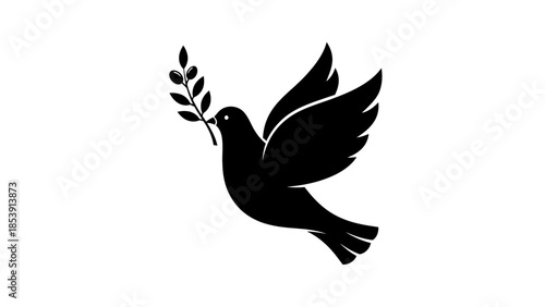 Black silhouette of a flying dove holding an olive branch, symbolizing peace.