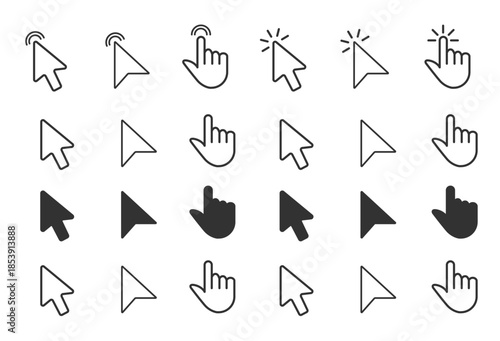 Cursor Arrow and Hand Pointer Icons Set in Outline and Solid Styles
Click, Touch, Select and Interaction Symbols for Web, App and UI Design