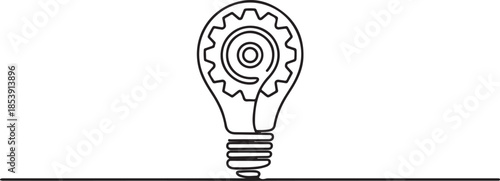 One single line drawing of lightbulb with metal gear wheel inside for machine company logo identity. Creative automotive workshop icon concept. one line Icon drawing