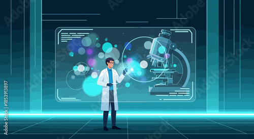 Futuristic science: Researcher interacting with holographic microscope interface concept