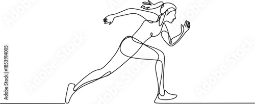 One continuous line drawing of young woman athlete runner focus sprint run. Individual sport, competitive concept. Dynamic single line draw design. one line Icon drawing