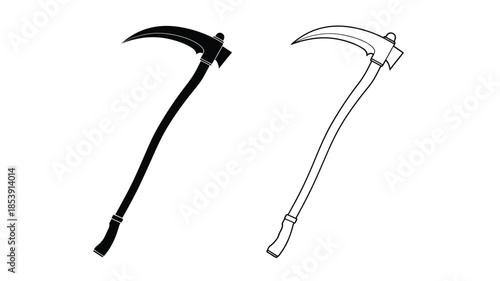 Two traditional farming tools a black scythe and a white sickle shown isolated