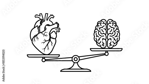 Conceptual illustration balancing a human heart and brain on a scale, representing intellect and emotion.