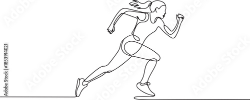 One continuous line drawing of young woman athlete runner focus sprint run. Individual sport, competitive concept. Dynamic single line draw design. one line Icon drawing