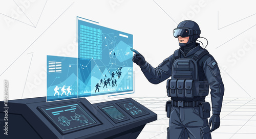 Futuristic soldier interacting with advanced holographic interface for strategic operations