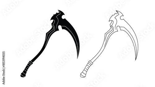 Two stylized scythe designs one black and one white presented in outline form