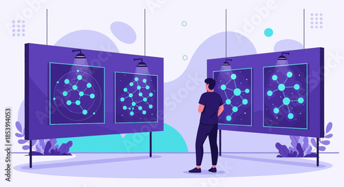 Gallery visitor contemplates scientific artwork exhibition with futuristic theme showcasing data