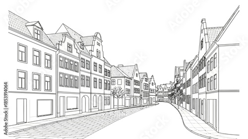 Detailed line art illustration of a charming European old town street lined with traditional multi-story buildings and shopfronts.