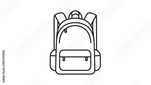 A simple black and white line art illustration of a generic backpack featuring a main compartment and a front pocket.