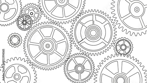 A clean line art illustration featuring numerous interconnected gears and cogs of various sizes on a white background, representing complex mechanical systems.
