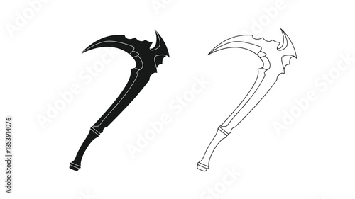 Two stylized scythes a black silhouette and a white line drawing