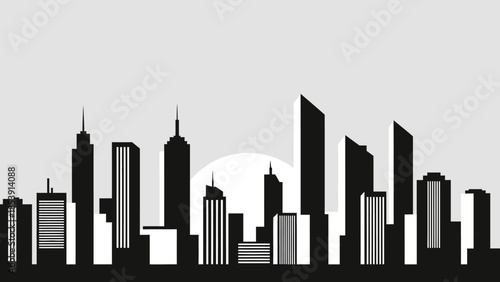 Monochromatic silhouette of a modern city skyline featuring numerous tall buildings and a large sun or moon in the background.