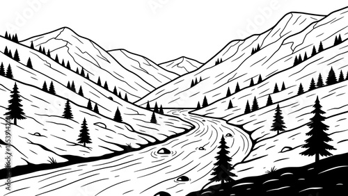 A black and white illustration depicting a serene river winding through a majestic mountain valley with numerous evergreen trees on its slopes.