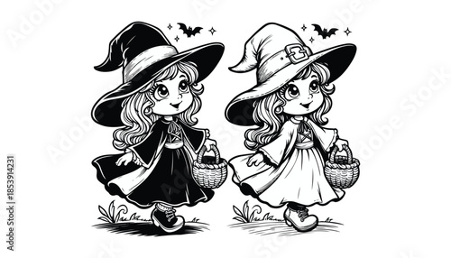 Vector illustration of cartoon Witch black and white drawing For children to learn to color according to the picture.