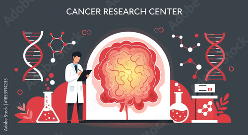 Illustration depicting medical research focused on cancer, with a detailed brain graphic and a