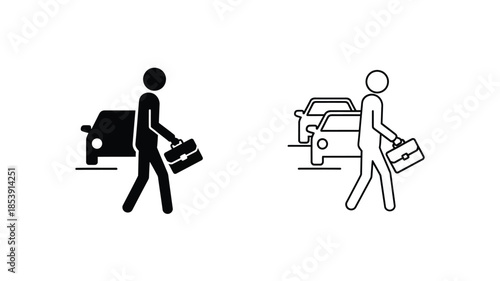 Two stick figures one solid and one outline each carrying a briefcase