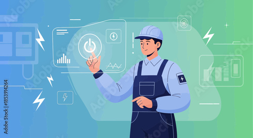Illustration featuring electrician in advanced control room managing energy consumption expertly