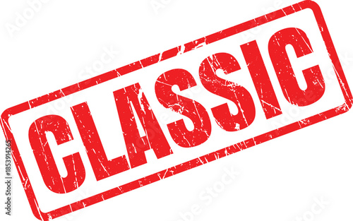 An old looking red stamp presenting the word CLASSIC with a distressed texture on white