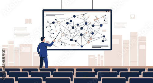 Illustration of a businessman presenting a complex network graph in a seminar room