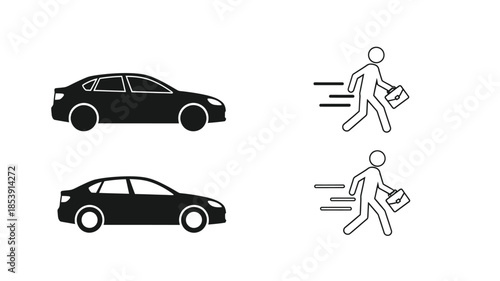 Simple black and white icons depicting a car and a person with a bag