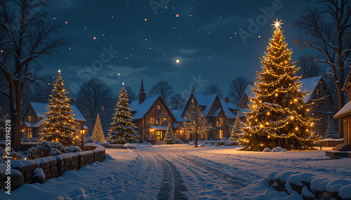 winter landscape with Christmas tree lighting trees and houses