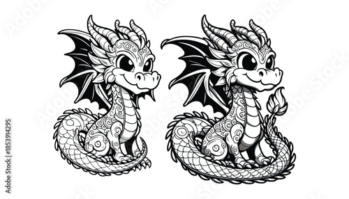 Vector illustration of cartoon dragon waving wing greeting black and white drawing For children to learn to color according to the picture.