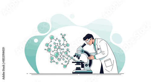 Illustration of a scientist using microscope to analyze molecular structure in laboratory