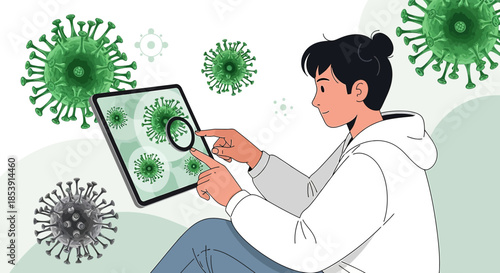 Illustration of a scientist examining virus cells on a digital tablet screen with a magnifying glass