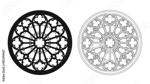 Two circular rose windows one filled and one outlined displayed side by side