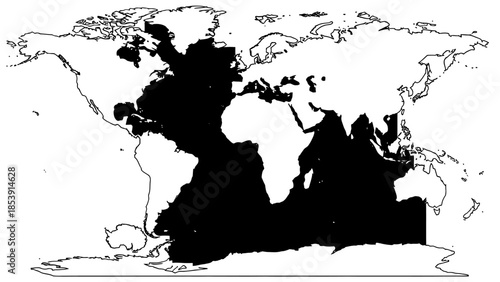 World map illustrating the extensive global distribution of marine habitats marked in black.