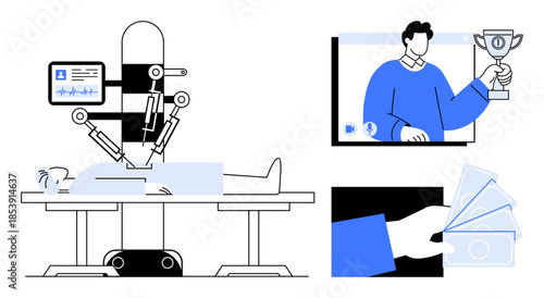 Robotic arm performing surgery on patient in operating room, individual holding trophy during video call, and hand exchanging cash. Ideal for medical tech, telecommunication, remote work, surgery
