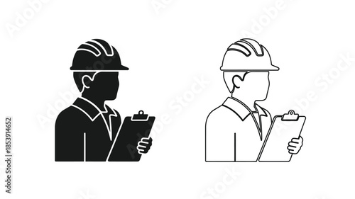 Construction worker icon set depicting a professional with a clipboard