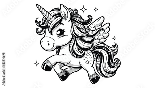 Vector illustration of cartoon Unicorn horse waving wing greeting black and white drawing For children to learn to color according to the picture.