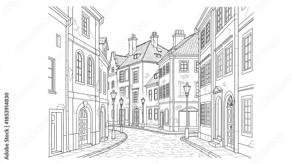 Fototapeta premium Detailed black and white line drawing of a charming old European cobblestone street with traditional buildings and street lamps.