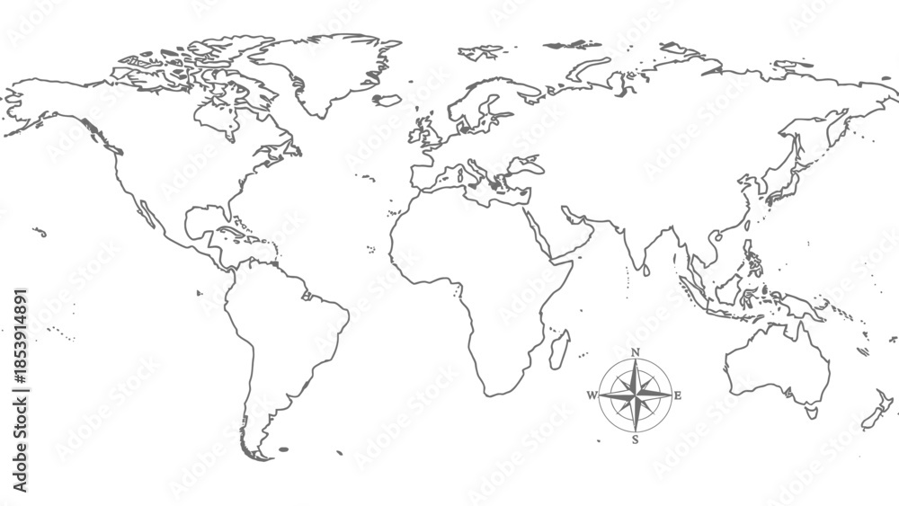 Fototapeta premium Simple black and white outline map of the world with all continents and a compass rose.