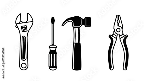 A collection of essential hand tools including an adjustable wrench, screwdriver, hammer, and pliers, presented as clean vector icons.