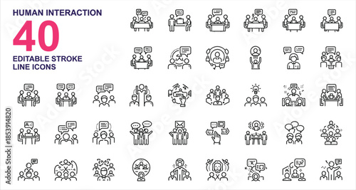 Set of 40 editable stroke line icons depicting business meetings and group discussions people