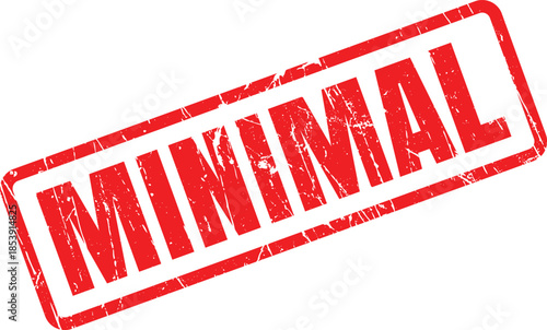 Bright red grunge rubber stamp mark with the word Minimal displayed on a pure white background