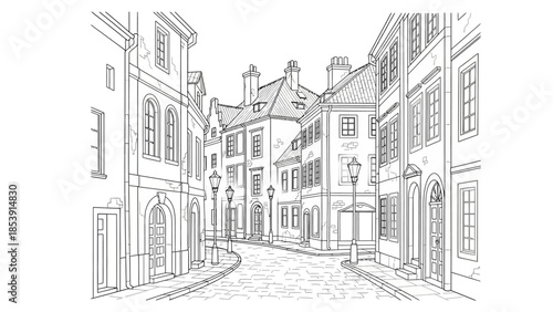 Detailed black and white line drawing of a charming old European cobblestone street with traditional buildings and street lamps.