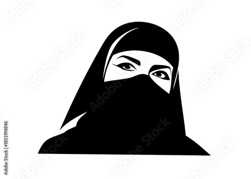 Arabic woman model wearing a black hijab and niqab covering her face with beautiful eyes visible