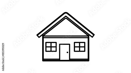 Simple black and white line art illustration of a small house with a door and two windows.