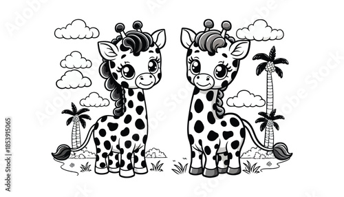 Vector illustration of cartoon giraffe black and white drawing For children to learn to color according to the picture.