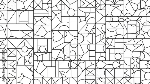 Seamless abstract black and white pattern composed of diverse geometric shapes, lines, and arcs in a tessellated arrangement.