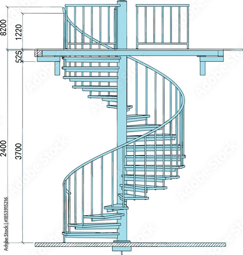 Spiral staircase technical drawing with dimensions, architectural construction blueprint illustration showing metal stairs, railing details, and structural measurements