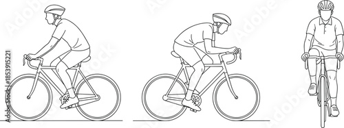 Cyclist riding road bicycle in multiple positions line art illustration set, minimalist sports training poses for cycling fitness design