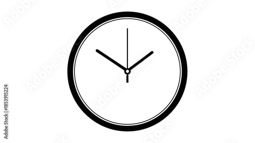 Minimalist black and white analog clock icon with three hands on a plain background.