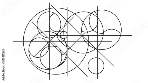 Abstract geometric composition of intersecting circles and straight lines creating a complex visual pattern on a white background.