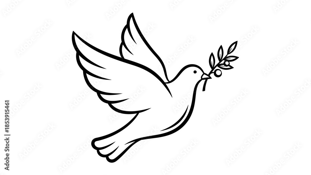 Fototapeta premium Stylized black and white illustration of a flying dove carrying an olive branch, symbolizing peace.