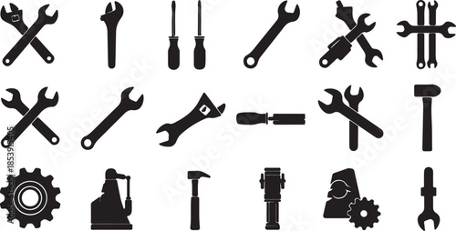 Hand tool icon set, black white vector, hammer screwdriver knife, tape measure flashlight, hex wrench, utility blade, repair toolkit