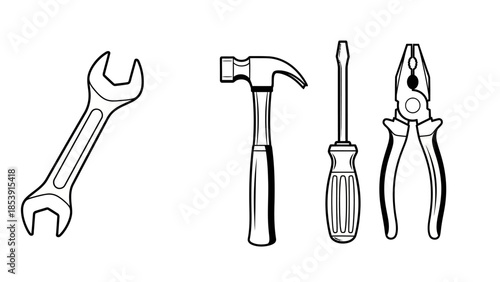 A collection of essential hand tools including a wrench, hammer, screwdriver, and pliers depicted in a simple line art style.
